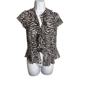 Victorias Secret Zebra Print Ruffle Front Blouse Vintage 2000s Tan Black M